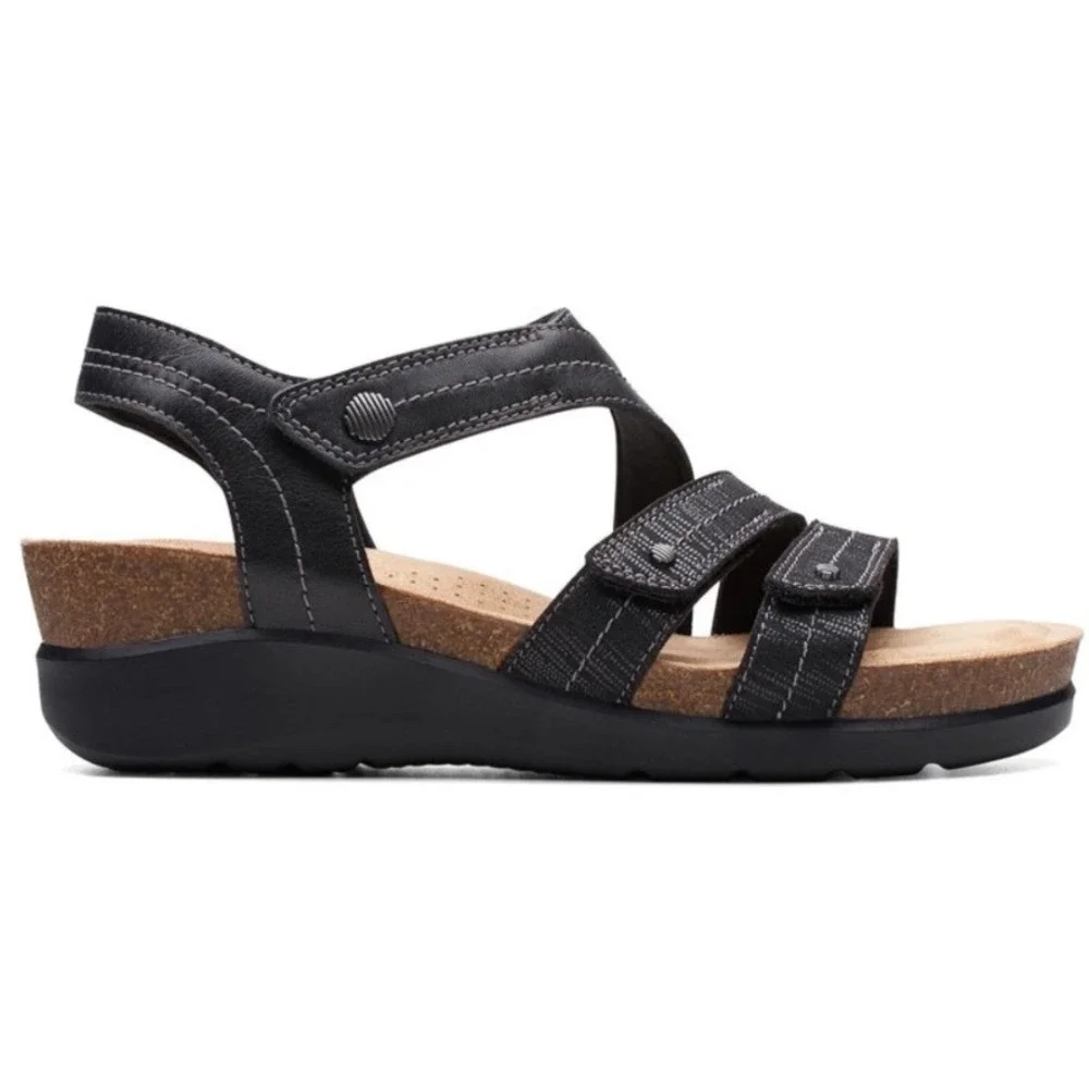 Clarks Collection Calenne Clara Black Leather Sandals Women's Size 8.5